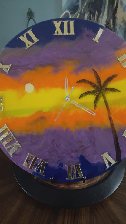 Tropical Sunset Resin Wall Clock with Palm Tree – 12" Artistic Home Decor
