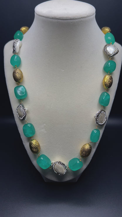 Aqua Blue Gemstone Necklace with Baroque Pearls & Antique Gold Beads – Statement Jewelry Set